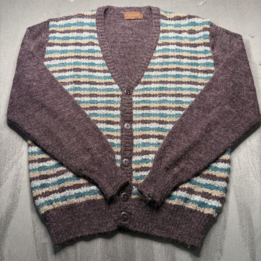 Vtg 70s Huk-A-Poo Cardigan Sweater Mens L Brown Striped Fuzzy V Neck Grandpa Mod